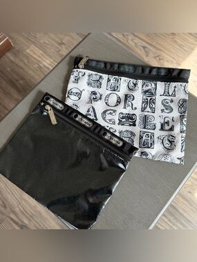 LeSportsac zippered cosmetic pouch lot black glitter and gothic font